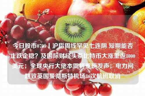 今日股市0705丨沪指周线罕见七连阴 短期能否止跌企稳？及国际财经头条比特币大涨重返8000美元；全球央行大佬本周将重磅发声；电力问题致英国曼彻斯特机场86次航班取消